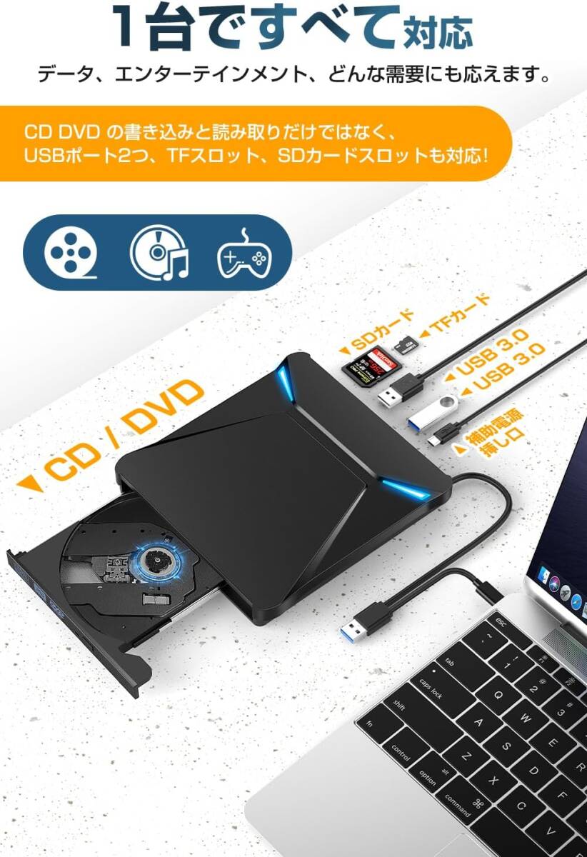 DVDドライブ 外付け 【6In1新モデル・多機能・USB3.0】 CD/DVDプレイヤー 薄型 ポータブルドライブ typeC/USBポート 日本語取扱説明書付きの画像5