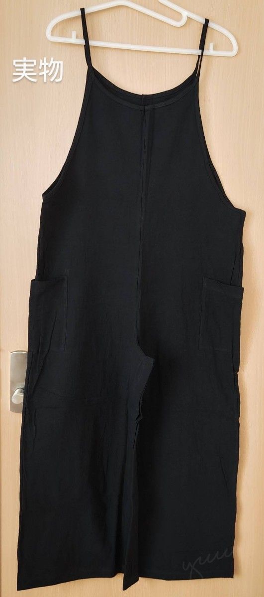 サロペット オールインワン オーバーオール パンツ カジュアル ゆったり 無地 ポケット付き ブラック 黒