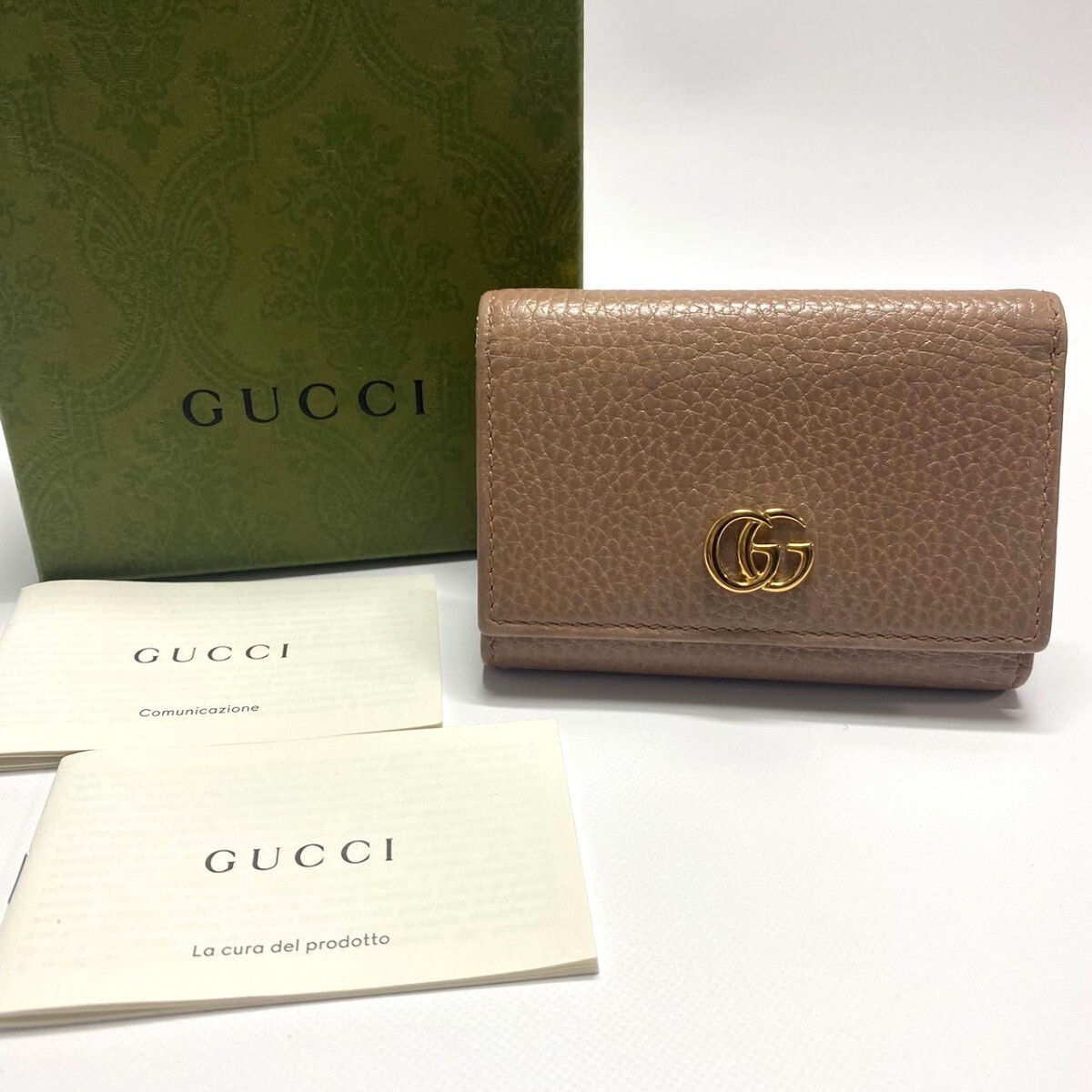 1097　GUCCI グッチ　GGマーモント コンパクトウォレット L字ファスナーホック付折財布 グレージュ 美品 644407 525040