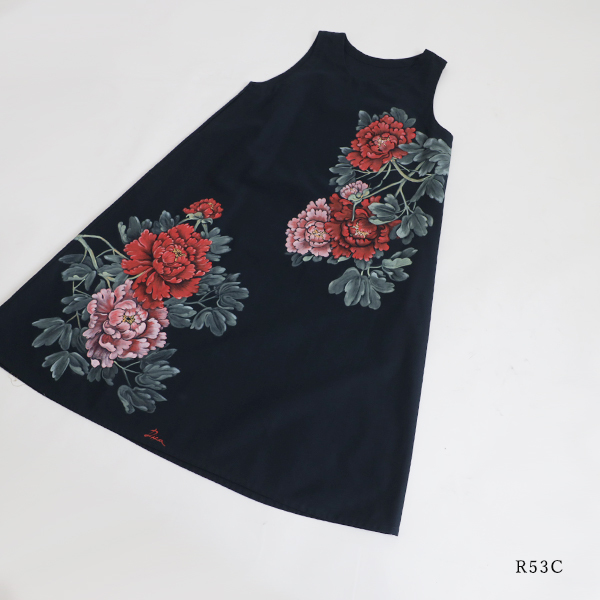 夏準備ＳＡＬＥ　手描きART　和画衣　 満開に咲く芍薬　ワンピース　ゆったり　ジャンパースカート　R53C_画像3