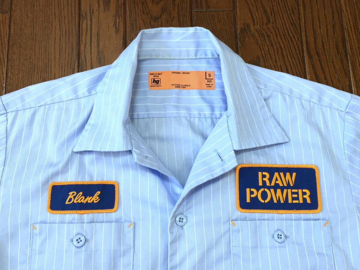 ヒステリックグラマー HYSTERIC GLAMOUR 半袖 ストライプ ワークシャツ S 水色 HYS RAW POWER ローパワー ワッペン 日本製_画像1