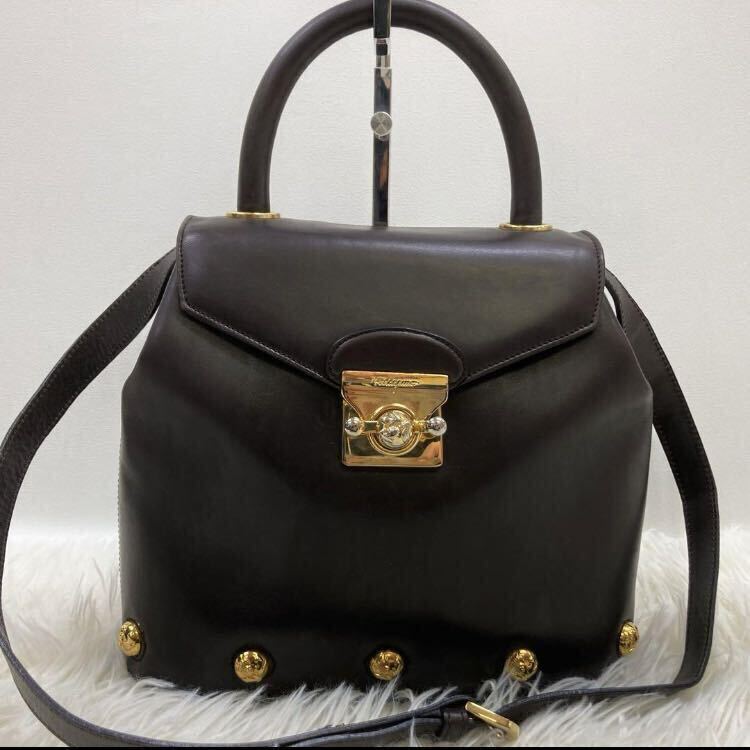 1円 【美品】 SalvatoreFerragamo サルバトーレフェラガモ ハンドバッグ ショルダーバッグ 2way ダークブラウン ゴールド金具 レディースの画像1