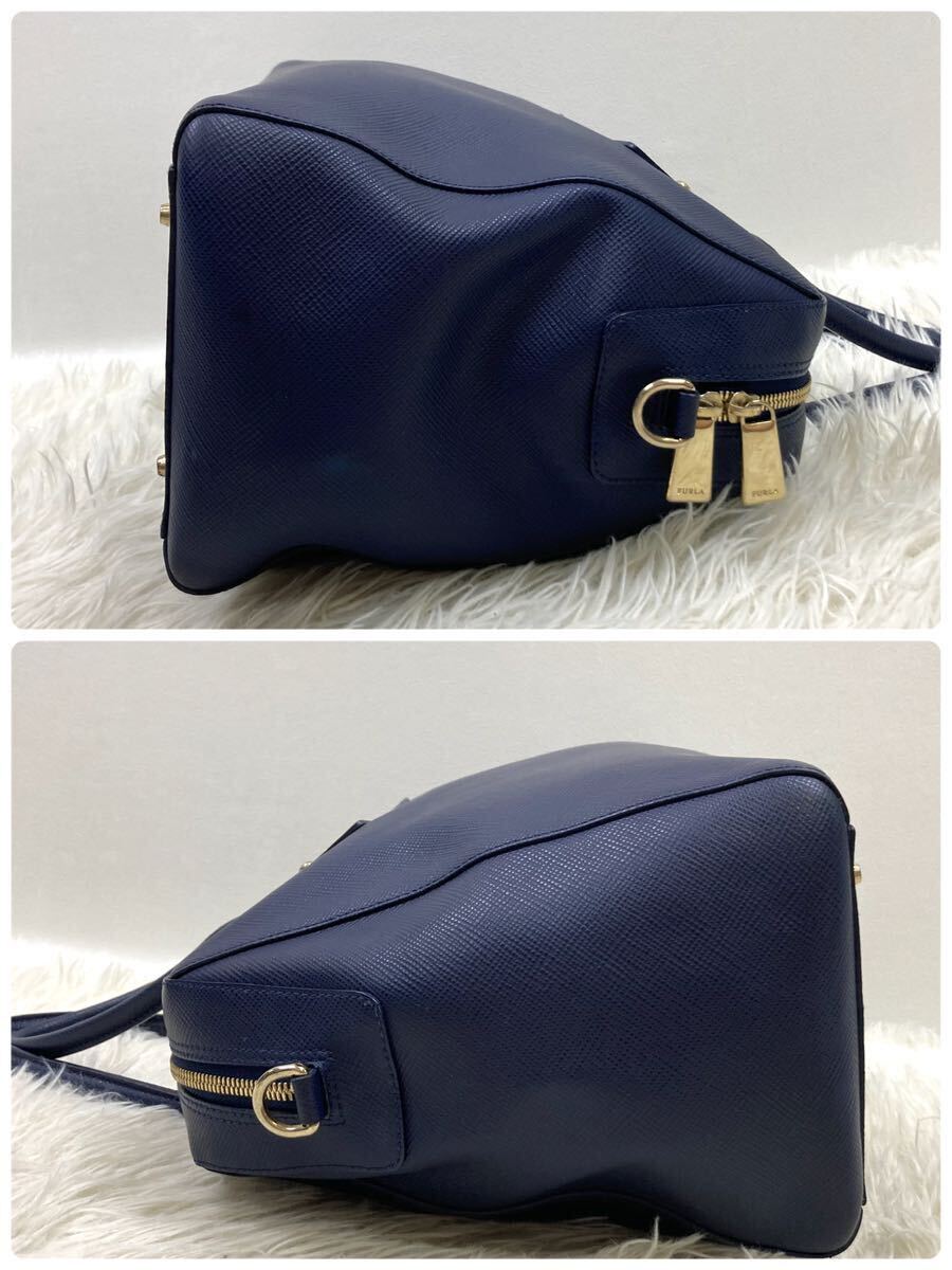 1円 【極美品】 FURLA フルラ ボストンバッグ レザー ネイビー 2way ショルダー ゴールド金具 ビジネス メンズ レディース 通勤 仕事鞄_画像10