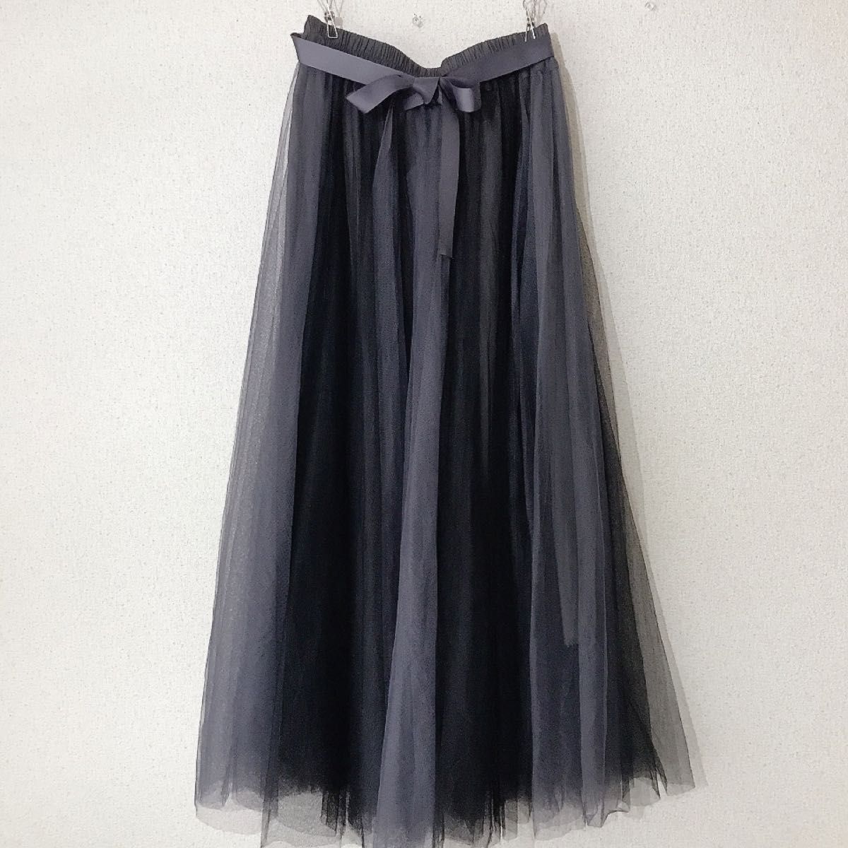 bou jeloud ブージュルード チュール ドレス スカート 黒 青みグレー　バイカラー　ウエストリボン　サイズ38