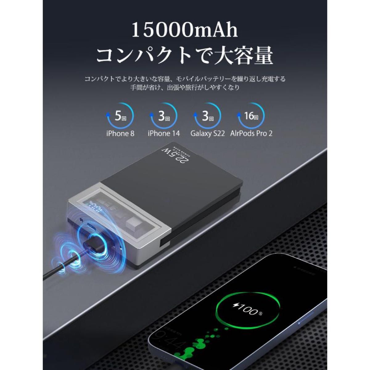 モバイルバッテリー 15000mAh大容量 PD22.5W急速充電 PSE認証済み 残量表示 ケーブル内蔵 小型 スマホ充電器