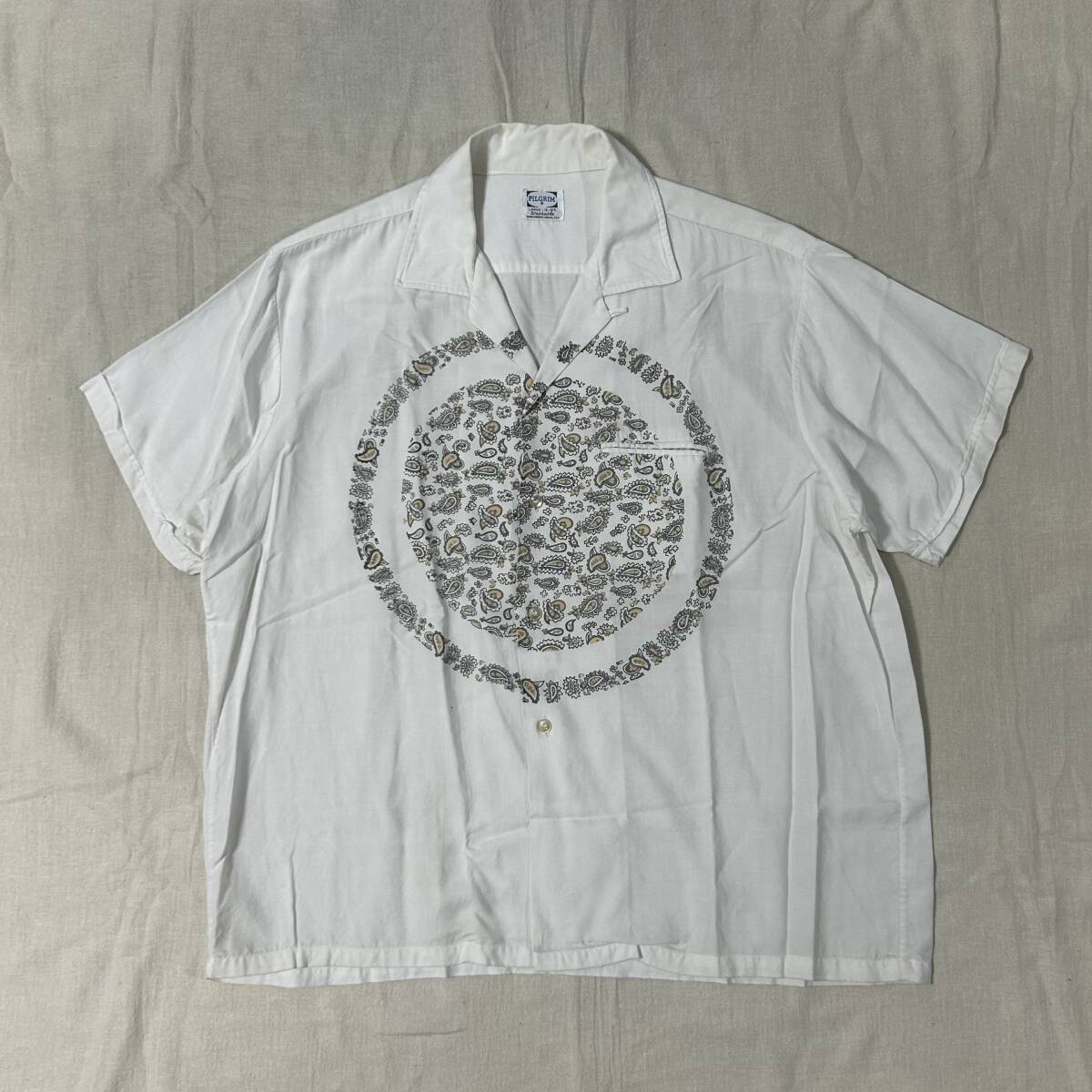 60’s PILGRIM ピルグリム ペイズリー柄オープンカラーシャツ レーヨン素材 ホワイト L _画像1