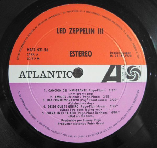 ◆LED ZEPPELIN【Ⅲ】スペイン盤オリジナル◆ATLANTIC HATS 421-56 (A面手書き・B面機械刻印マト)_画像6