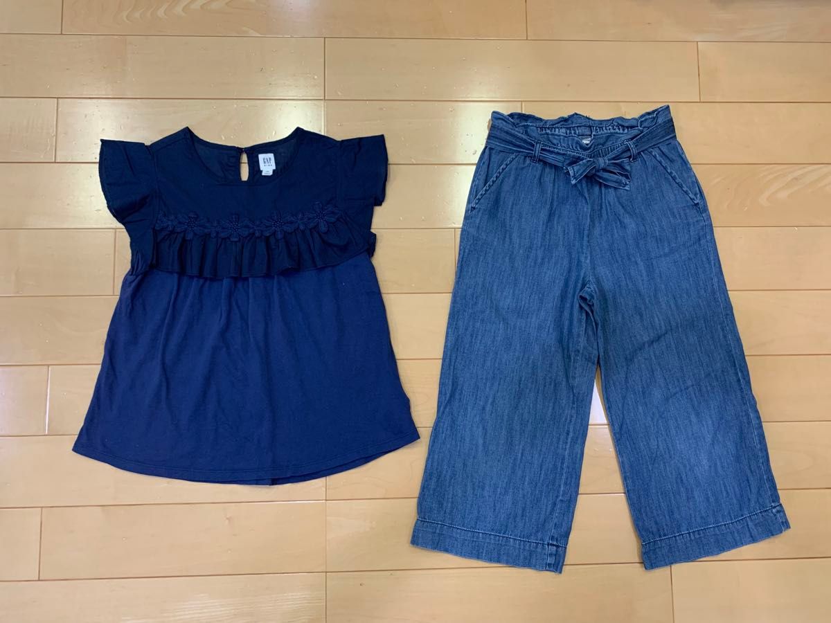 GAP ギャップ　子供服2点セット　女の子　Lサイズ　140サイズ　ネイビー　花　 キッズ　ノースリーブ　デニムパンツ