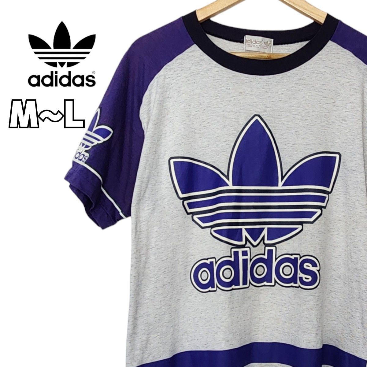 90s adidas アディダス ラグランTシャツ シングルステッチ Tシャツ トレフォイル デサント製 ビッグロゴ L 古着