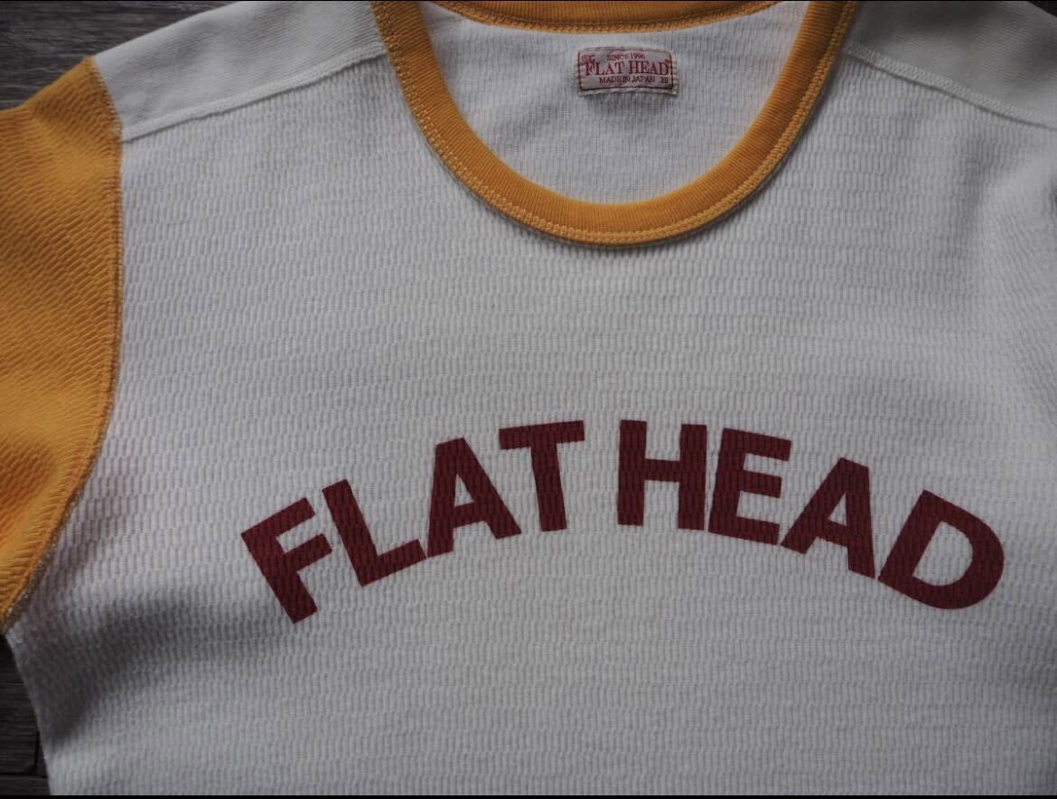 FLAT HEAD フラットヘッド ロゴ ツートーンサーマルシャツ 38 美品　ワッフル生地　ロンT The Flat Head バイカー_画像3