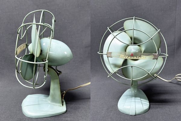  rare Mitsubishi 8 -inch small size electric fan blue 3 sheets wings box attaching *MITSUBISHI/ Showa Retro / consumer electronics / fan / air conditioning / made of metal / interior / present condition goods 
