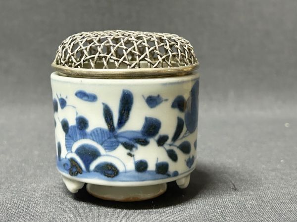 純銀 網代透かし火屋 古伊万里 染付 香炉◇旧家蔵出し品/香道具/茶道具/時代/骨董/古美術/金属工芸/陶芸/古陶磁/置物_画像2