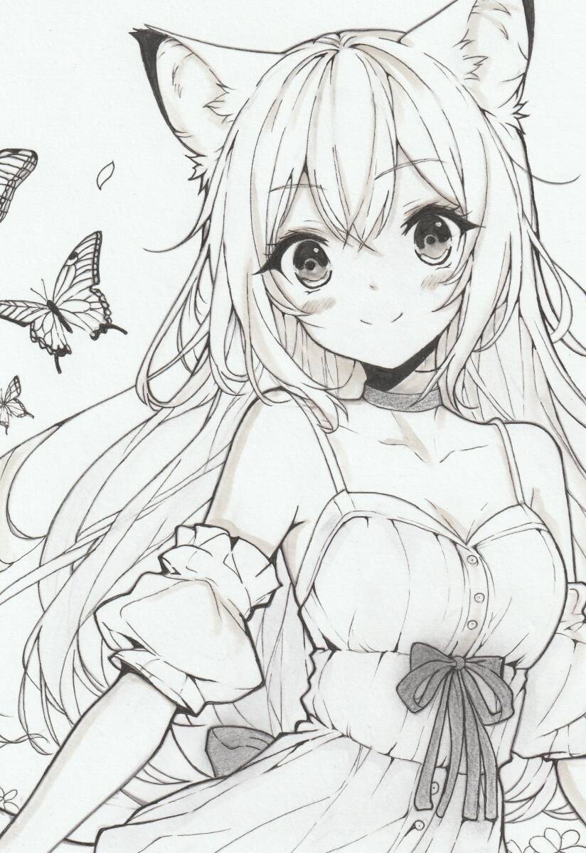 手描きイラスト　モノクロ　オリジナル　アゲハ蝶と猫耳少女　B5サイズ　_画像3