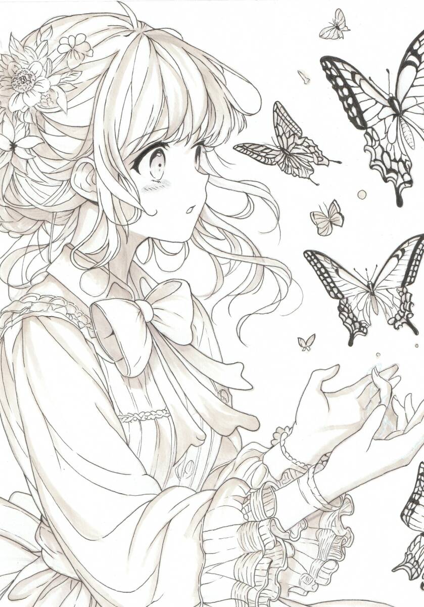 手描きイラスト モノクロ オリジナル アゲハ蝶と少女 B5サイズ の画像3