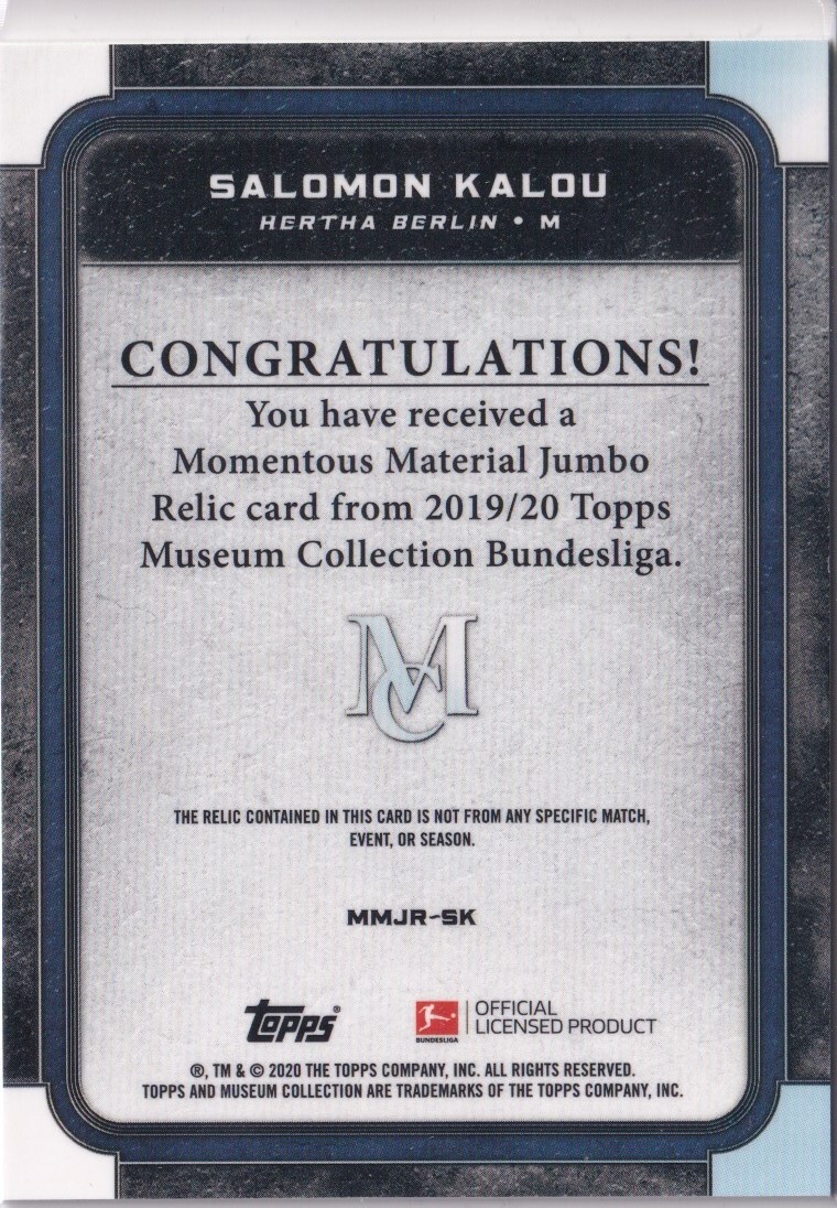 2019-20 Topps Museum Collection Bundesliga - Momentous Material Jumbo Relics - Sapphire #MMJR-SK - Salomon Kalou /75_画像2