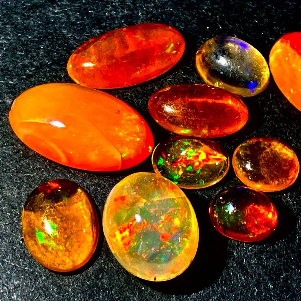 遊色効果!!［天然ファイアオパール10点おまとめ30ct］M ルース 裸石 宝石 ジュエリー jewelry fire opal 遊色 虹 DG2 ◎_画像2