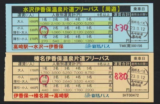 【新設】群馬バス　伊香保フリーパス２枚組　高崎～水沢～伊香保～榛名湖～高崎　2023年 高崎駅前案内所_画像1