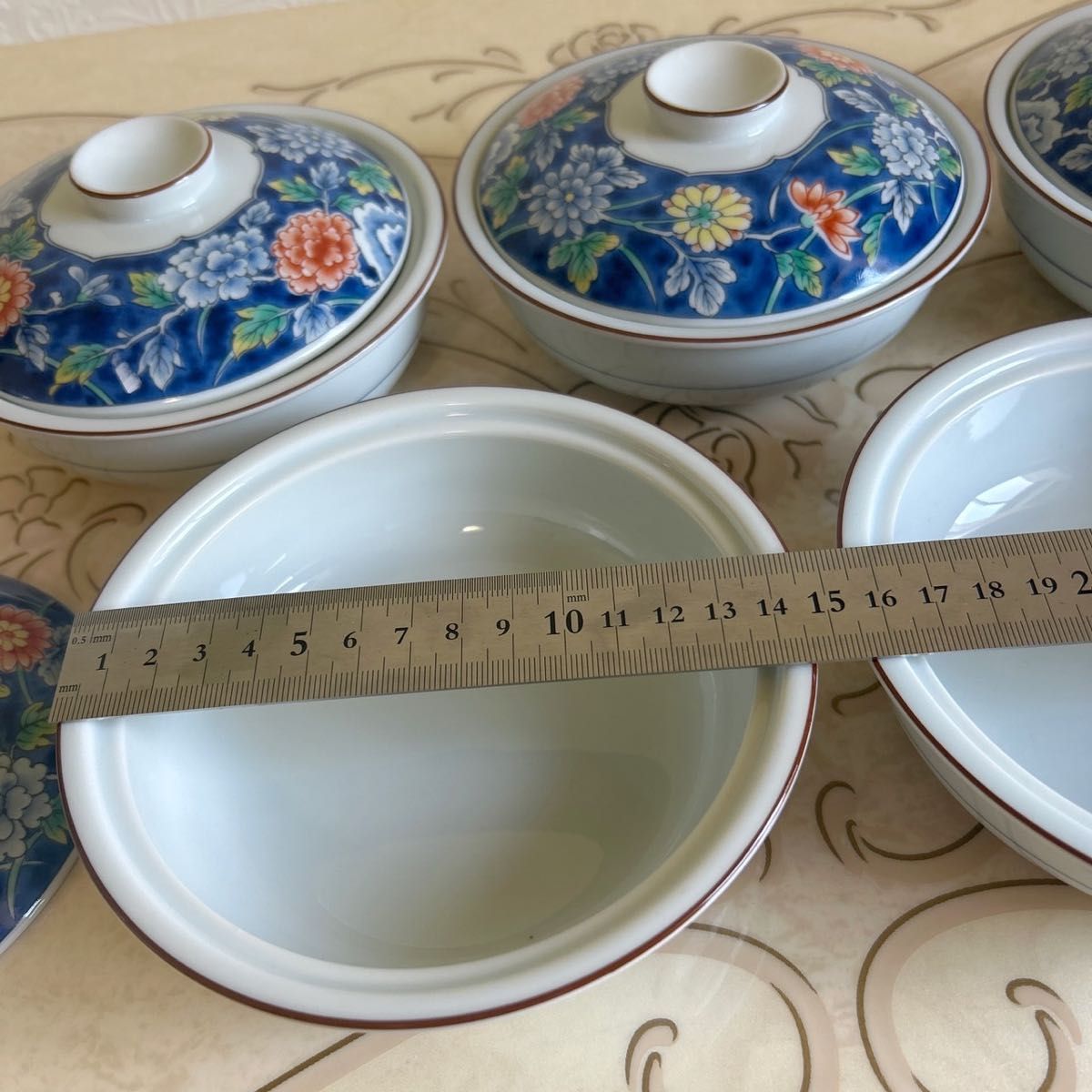 前畑陶器 庫山窯 蓋付き煮物碗 5客セット 色絵 染付 中鉢 小丼 前畑陶器 庫山窯 蓋付き煮物碗 5客セット 色絵 染付 中鉢 小丼