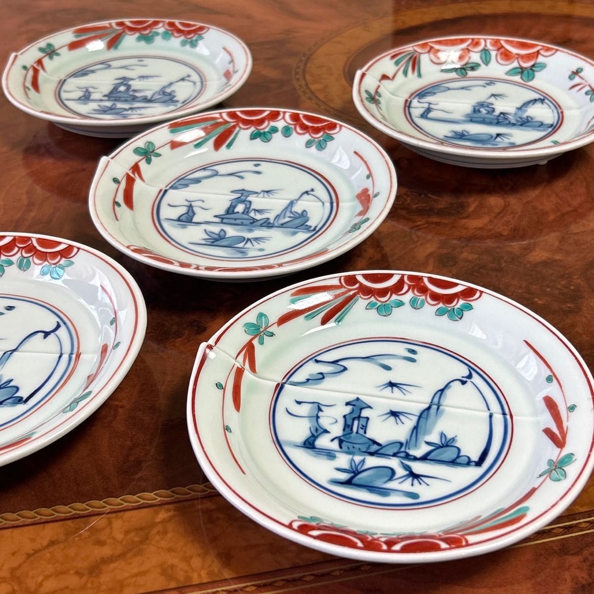 有田焼 利久窯 赤絵山水 三つ足中皿 5枚セット 高台皿 色絵 和食器 古伊万里
