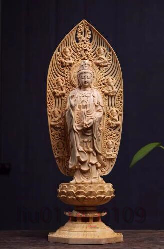 在庫わずか 仏教美術 精密彫刻 仏像 手彫り 阿弥陀如来三尊立像 高さ約43cm_画像4