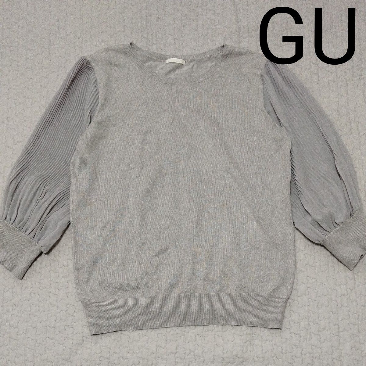 GU プリーツスリーブ　クルーネックセーター　七分袖　グレー　L　ジーユー