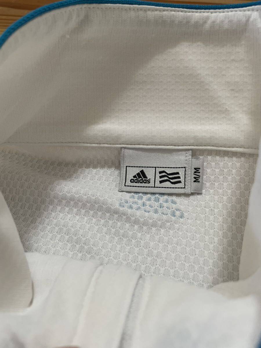 送料込み！adidas ハーフジップ 半袖Tシャツ 白 ホワイト Mサイズ アディダス ADIZERO ゴルフ ゴルフウェア 水色ライン
