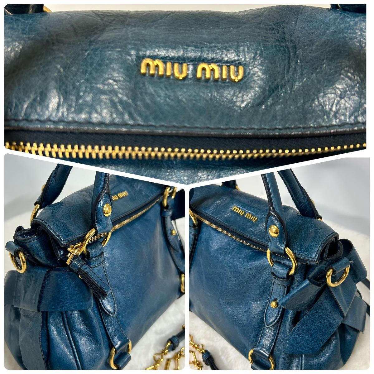 miumiu MiuMiu ribbon metal fittings handbag navy blue 