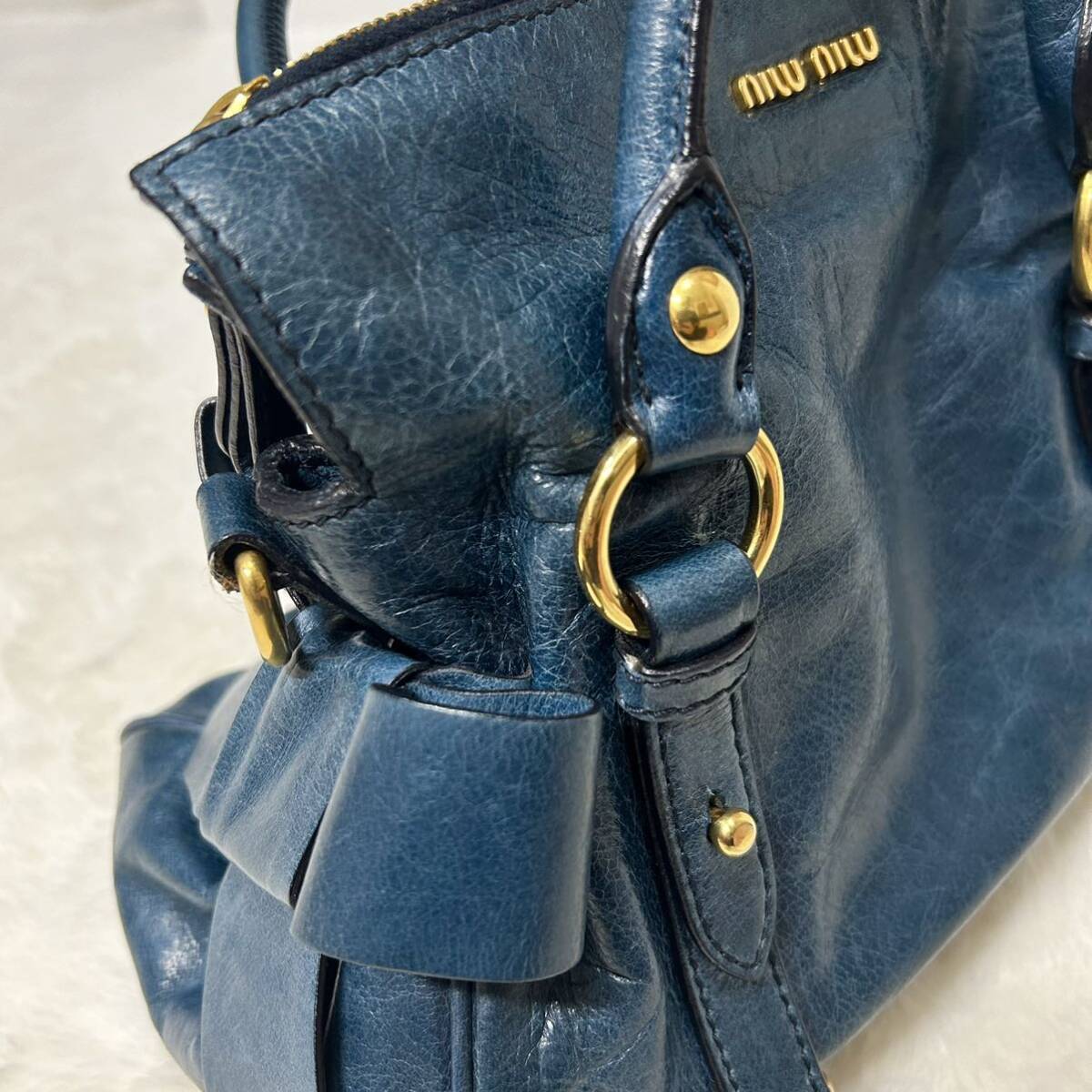 miumiu MiuMiu ribbon metal fittings handbag navy blue 