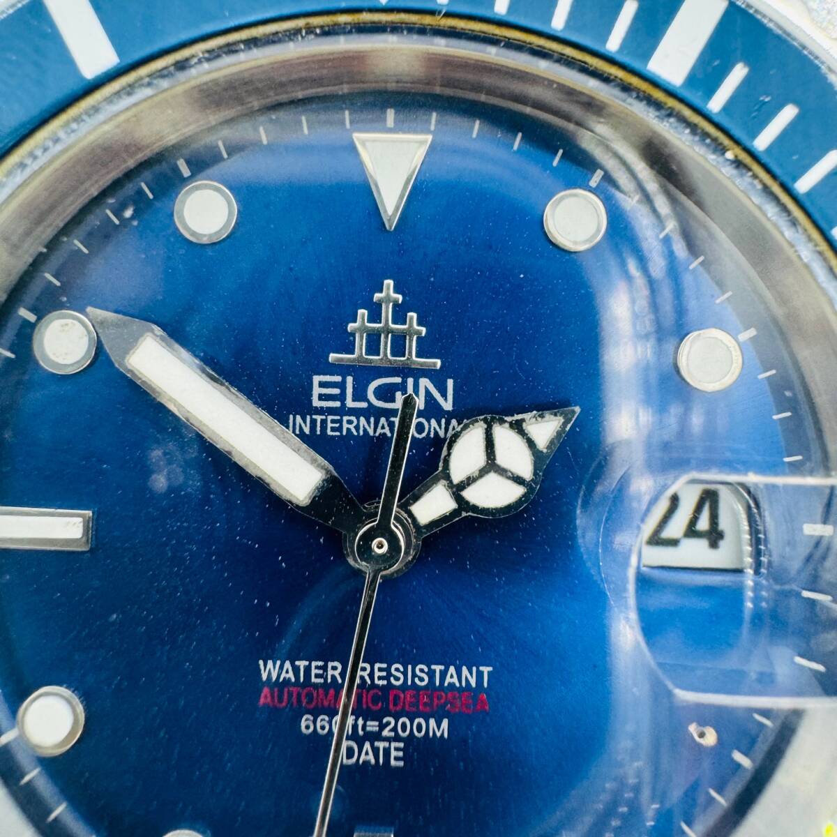 ELGIN エルジン INTERNATIONAL FK-531N-E 自動巻き オートマチック 稼働 中古品 本体のみ 青文字盤 現状品 格安 1円出品 8328