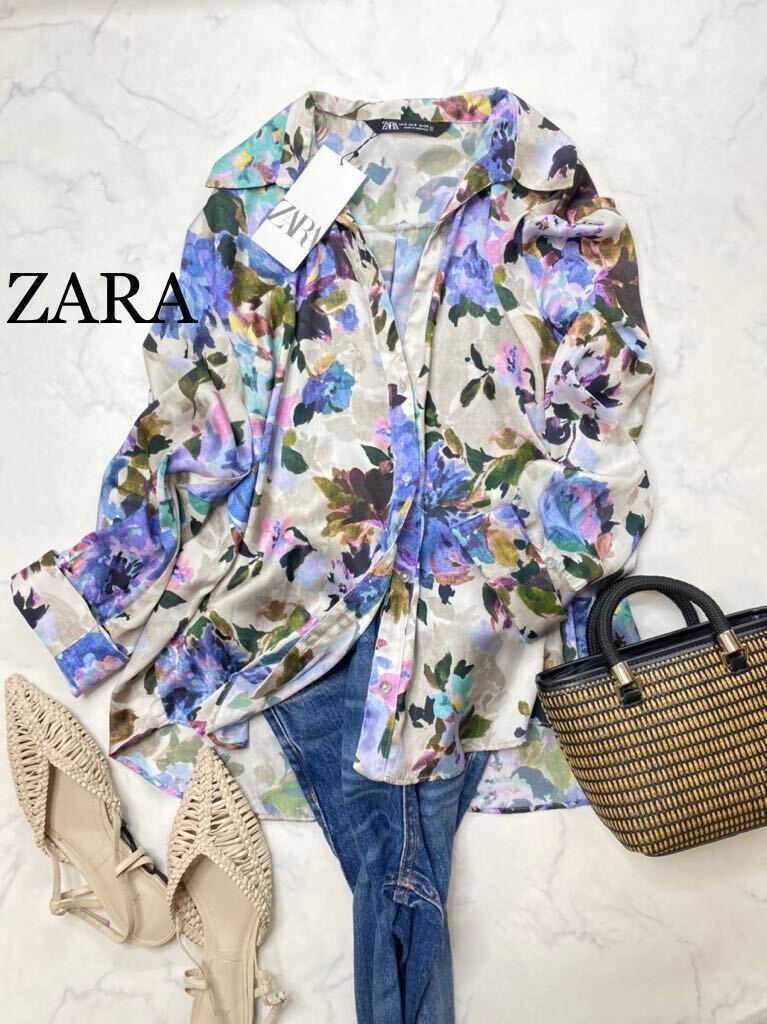 ZARA ザラ★タグ付き未使用★大人素敵★とろみ素材 アンティークフラワープリント シャツ 花柄 ブラウス サテン 総柄★Mサイズ yz0530_画像1