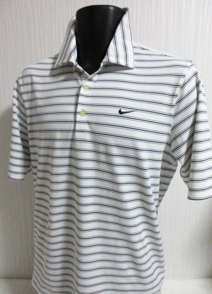 ■43半袖■男■美品ナイキGOLF Men'sポロシャツ/USED/Ｍ/白x濃ブルーグレー/ボーダー/刺しゅうロゴ_画像1