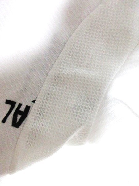 ■53半袖■男■オークリー Men'sポロシャツ/USED/実寸Ｌ相当/白地/英字総柄/ボーダー地模様有り/刺しゅう・織ネームロゴ_後ろ袖付けメッシュ地