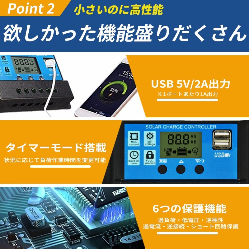 ソーラー チャージ チャージャー 30A 12V/24V コントローラー バッテリー 充電 USB LCD液晶 太陽光 充電制御 安全 キャンピングカー _画像3