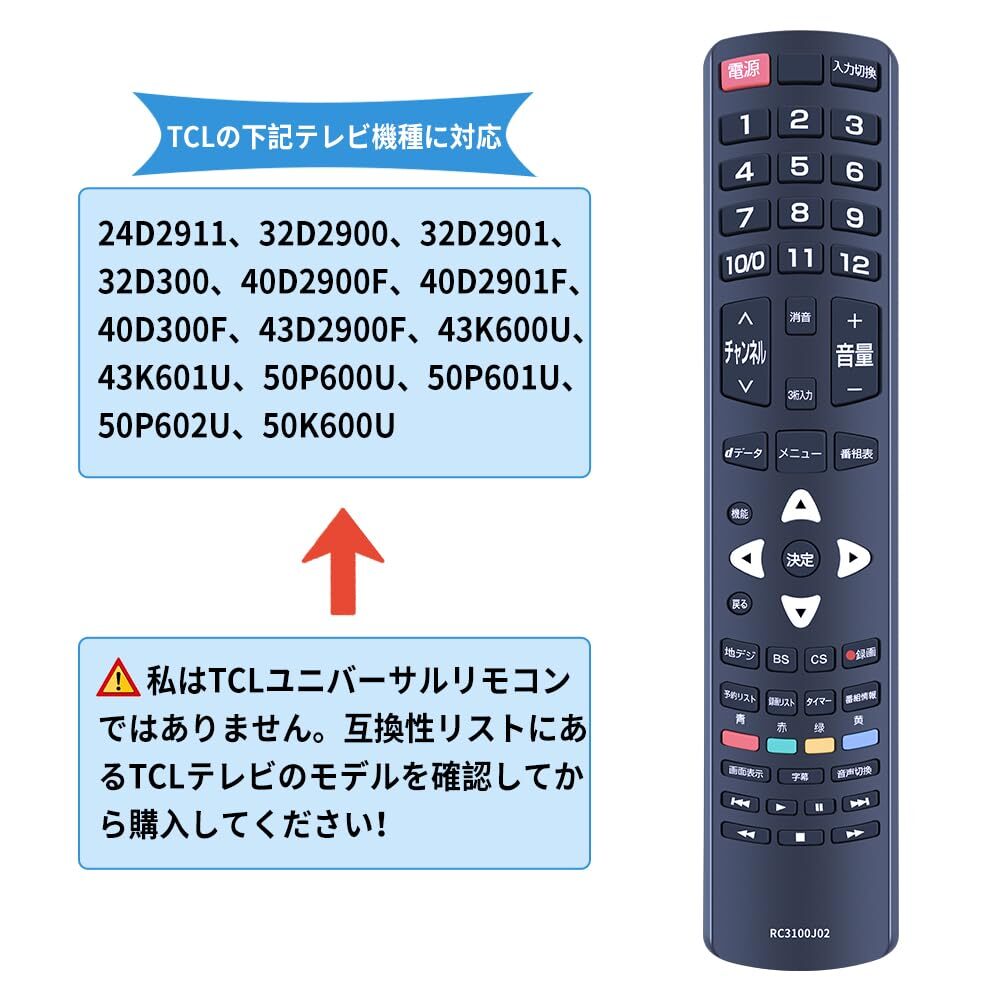 【訳有未使用】テレビ交換リモコン RC3100J02 対応 TCL液晶テレビテレビ 24D2911 32D29…_C_2039_画像2