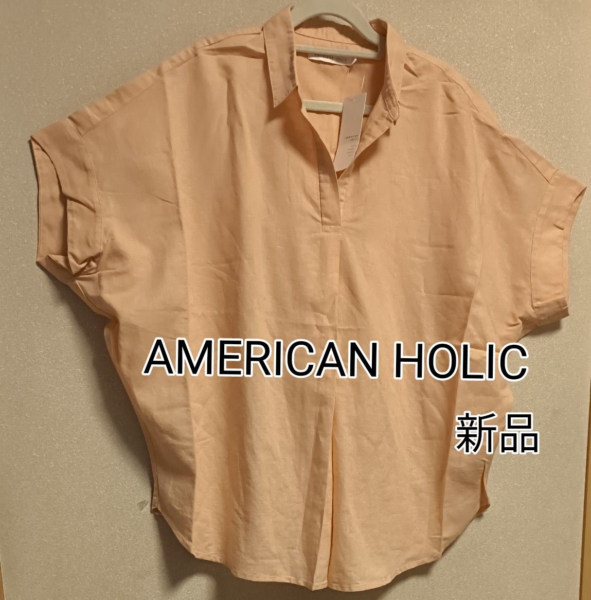 新品タグ付き   AMERICAN HOLIC   スキッパー バックタックリネンブレンドシャツ   Mサイズ   オレンジ