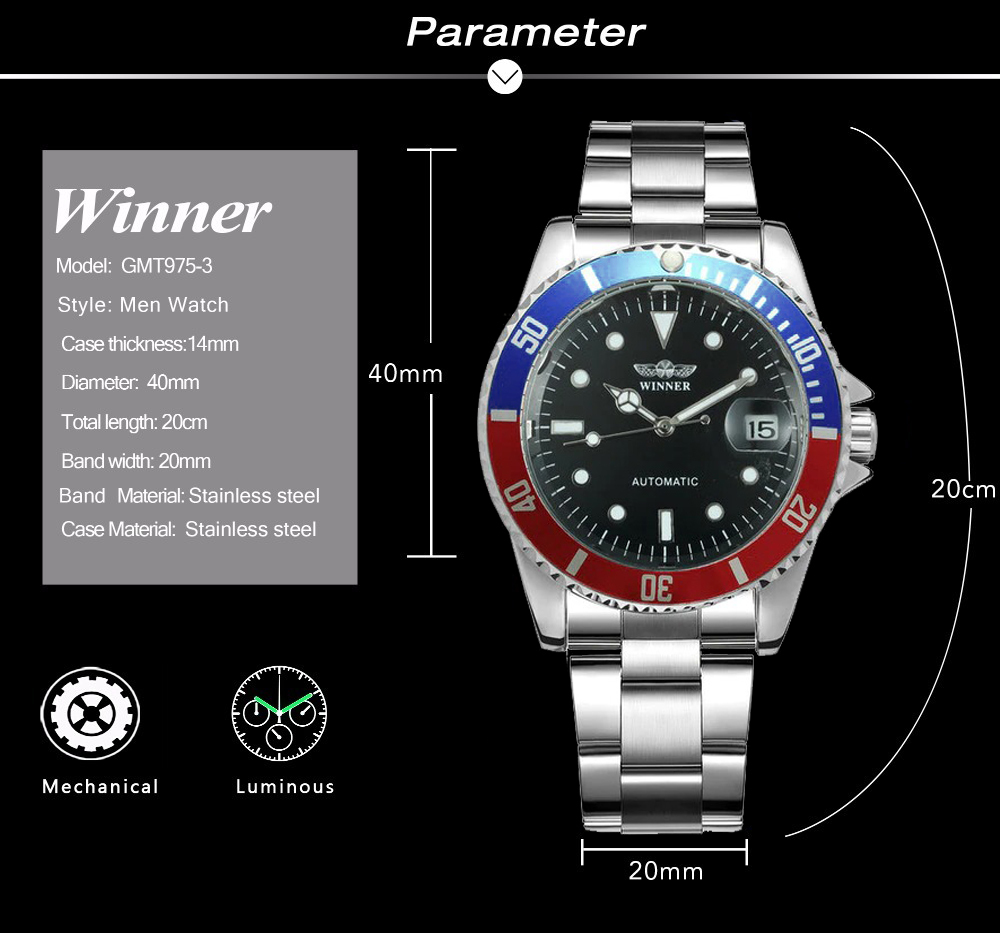 Winner社メンズ自動巻き腕時計ブルー×レッド ペプシ ステンレス オートマチック 日付(ロレックス サブマリーナ デイトではありません）の画像10