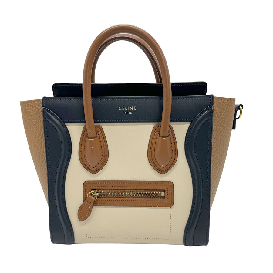 セリーヌ CELINE ショルダーバッグ ハンドバッグ ラゲージ ナノショッパー レザー ベージュ×ネイビー×ブラウン z0932_画像1