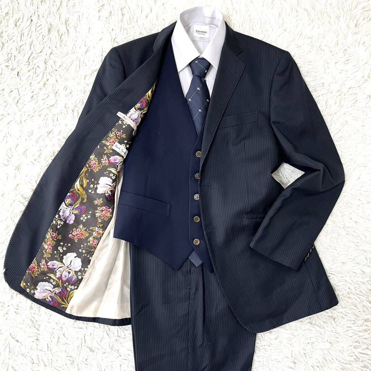 1 иен { превосходный товар } редкий L! Paul Smith однобортный костюм выставить 3 деталь SUPER120\'S Delphi no ткань мужской цветочный принт 2B тонкий полоса темно-синий 