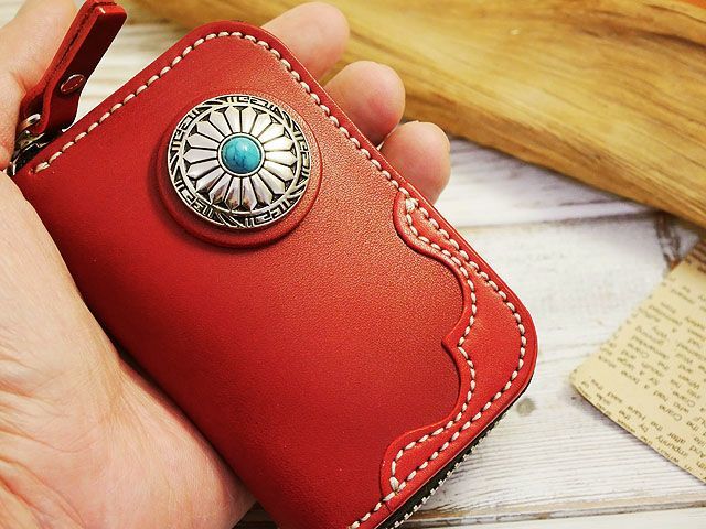  round fastener Mini purse!! leather coin & card &.. hand made Himeji leather cow book@nme red 