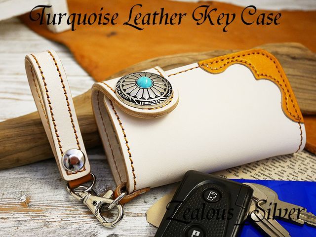  turquoise leather key case cow cow leather key holder attaching smart key card with pocket tongue low × Camel 