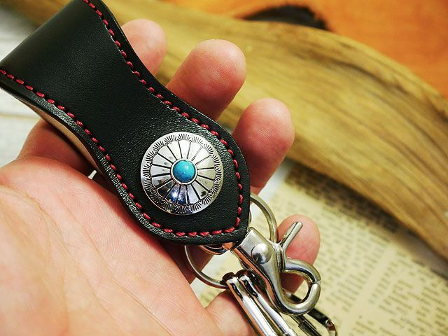  thickness approximately 3.5mm!! turquoise Conti . leather key holder hand made Himeji leather book@nme black × red stitch 