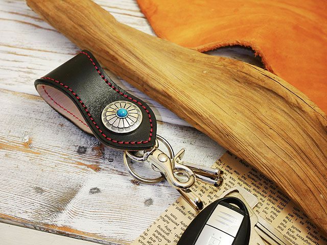  thickness approximately 3.5mm!! turquoise Conti . leather key holder hand made Himeji leather book@nme black × red stitch 