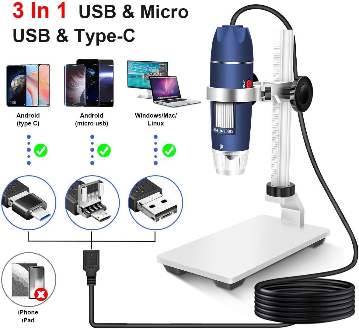 日常使い HD 2MP USBデジタル顕微鏡 40倍~1000倍 ポータブル拡大