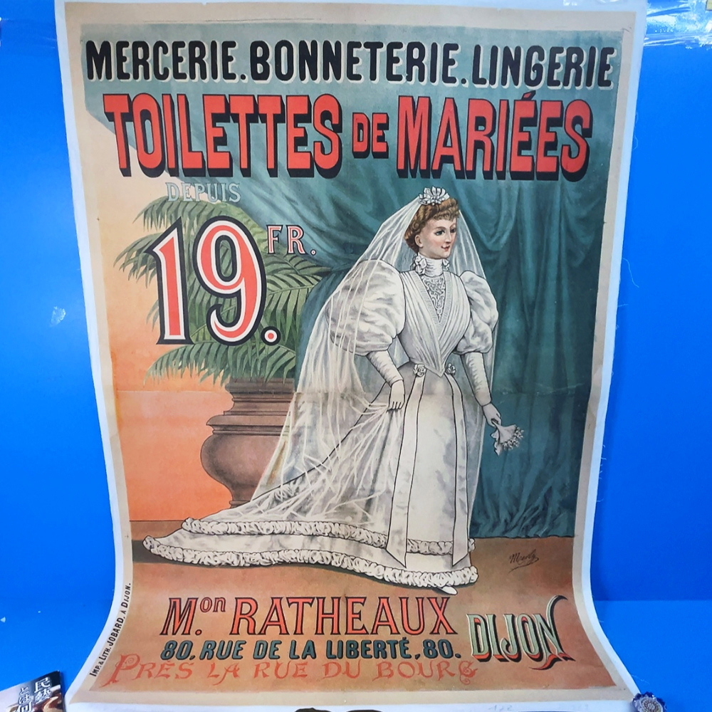 リトグラフ刷り大版(121×86cm)ポスター『Mercerie.Bonneterie.Lingerie Toilettes de Mariees』版上サイン_画像1