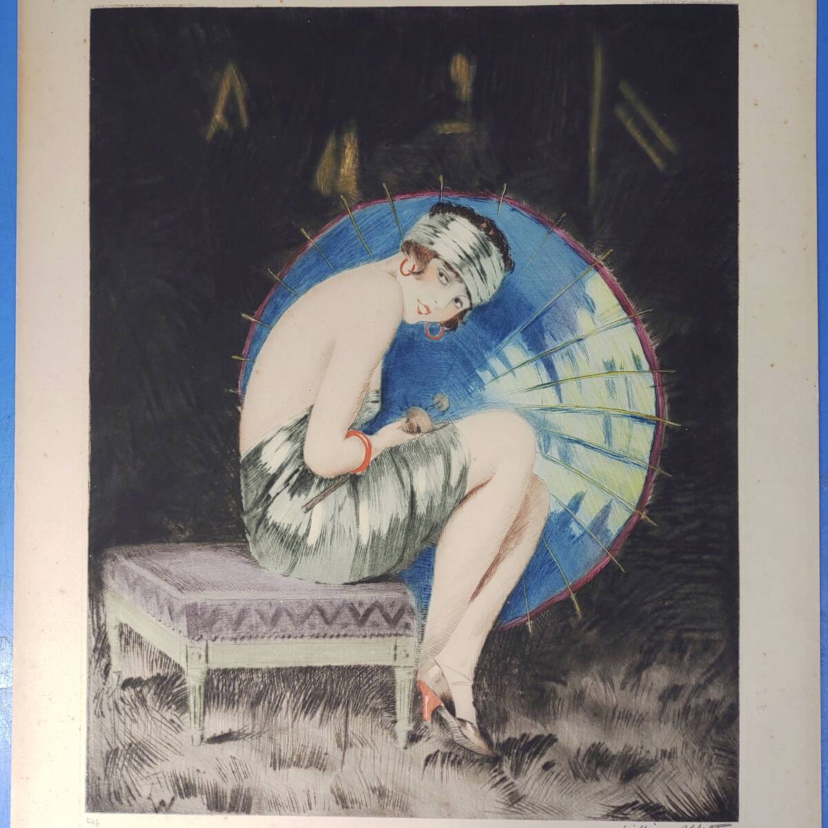 [ genuine work ] William *a Brett copperplate engraving [The Blue Parasol] autograph go in 1926 William Ablett