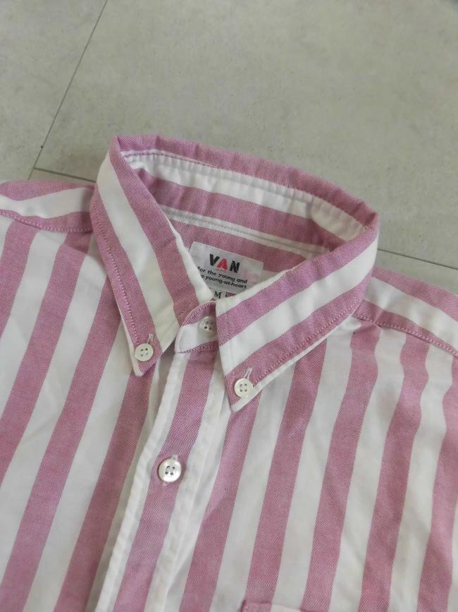 美品 VAN JAC ヴァンヂャケット ストライプ 半袖シャツ M/ボタンダウンシャツ/白 ピンク/メンズ/ヴァンジャックの画像4