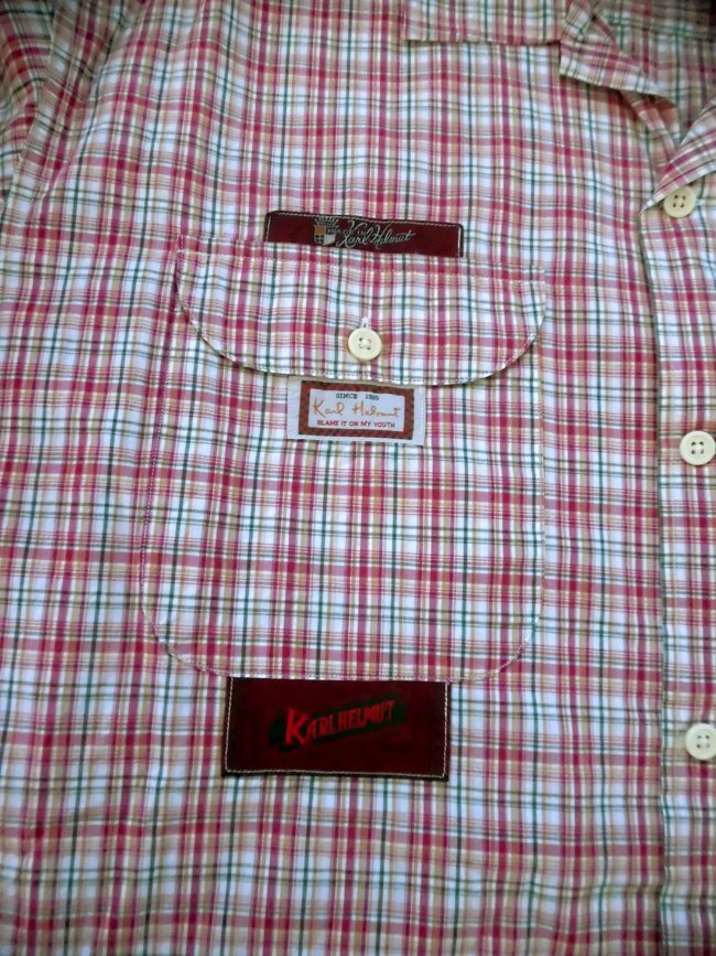  beautiful goods Karl Helmut Karl hell m badge attaching check pattern short sleeves shirt M/ men's / Pink House / made in Japan 