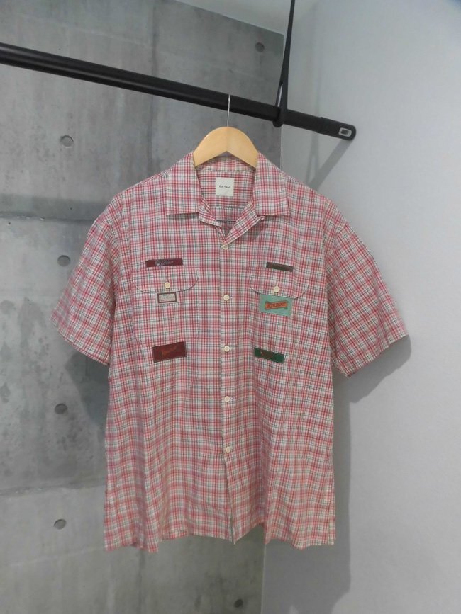  beautiful goods Karl Helmut Karl hell m badge attaching check pattern short sleeves shirt M/ men's / Pink House / made in Japan 