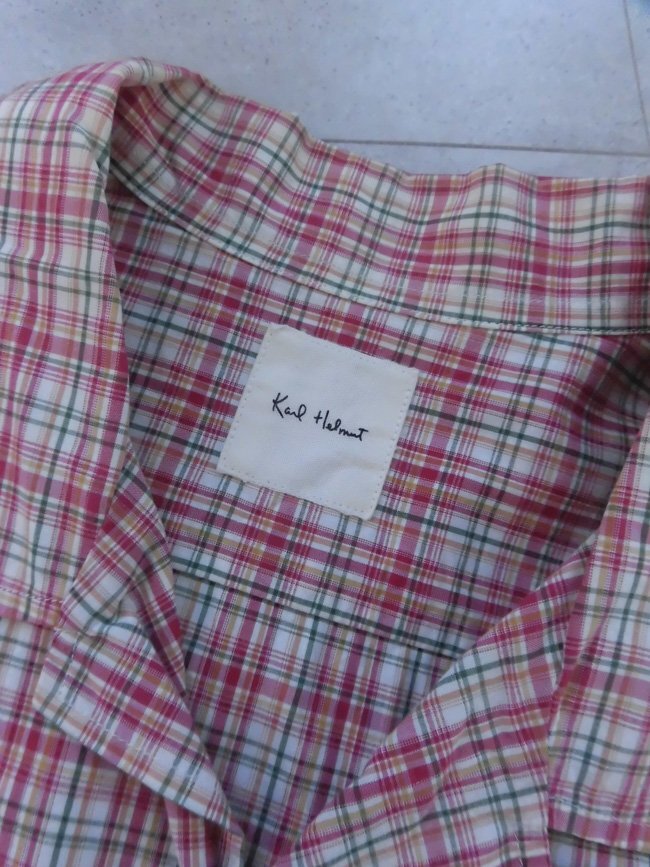  beautiful goods Karl Helmut Karl hell m badge attaching check pattern short sleeves shirt M/ men's / Pink House / made in Japan 