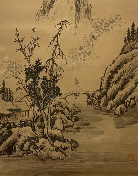 [ copy ] China fine art . higashi . landscape map silk pcs hold axis / Tang thing / morning .